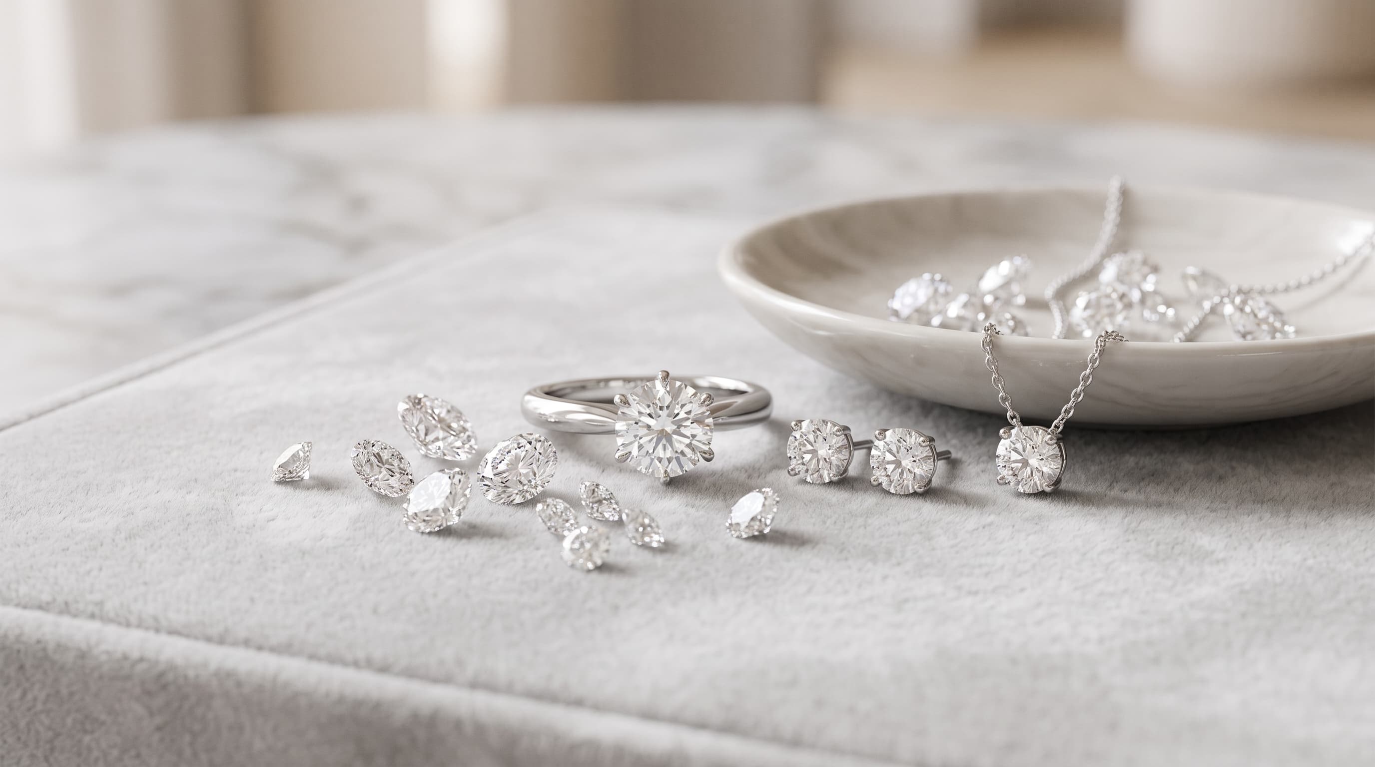Loose brilliant- and marquise-cut diamonds beside a solitaire ring, stud earrings and a pendant, on pale suede
